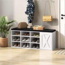 9-Rack Shoe Bench W/ Door Cabinet & 9 Racks & Sponge Padded Cushion White - Multicolor - View 9