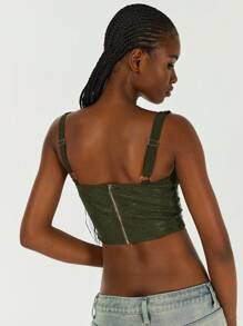 Green Lace Spliced PU & Rivet Decoration Back Lace-Up Crop Top - Dark Green - View 2