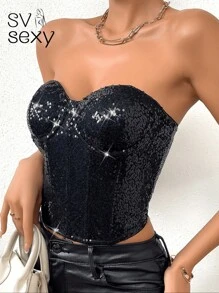 SV Sexy Women's Sequin Strapless Party Top With Structured Design At Waist And Bust For Support. - Black - View 1