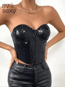 SV Sexy Women's Sequin Strapless Party Top With Structured Design At Waist And Bust For Support. - Black - View 2