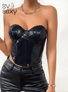 SV Sexy Women's Sequin Strapless Party Top With Structured Design At Waist And Bust For Support. - Black - View 4