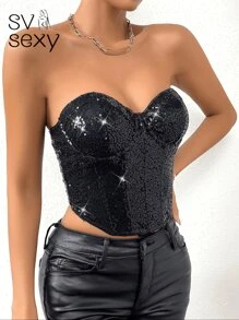 SV Sexy Women's Sequin Strapless Party Top With Structured Design At Waist And Bust For Support. - Black - View 3