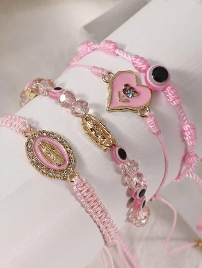 4pcs/Set Virgin Mary Bracelets , Evil Eye, Cross Pendant Card Woven Bracelet Set, Party Decoration Lucky Bracelet,  Gift, Christmas, Easter, And Pentecost Gifts