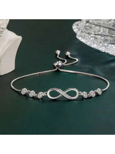 Brazalete de aro de infinito de plata esterlina 925 para mujeres, brazalete ajustable con adorno de circonita cúbica