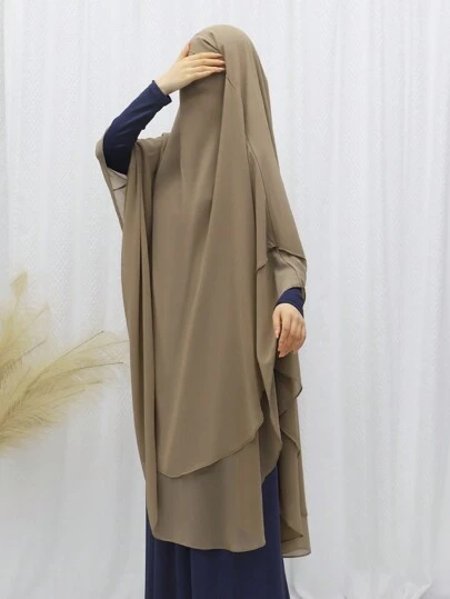 1pc Solid Color Double Layer Chiffon Elegant Wide Hem Headscarf Headband Soft Hijab For Abaya Women Veil