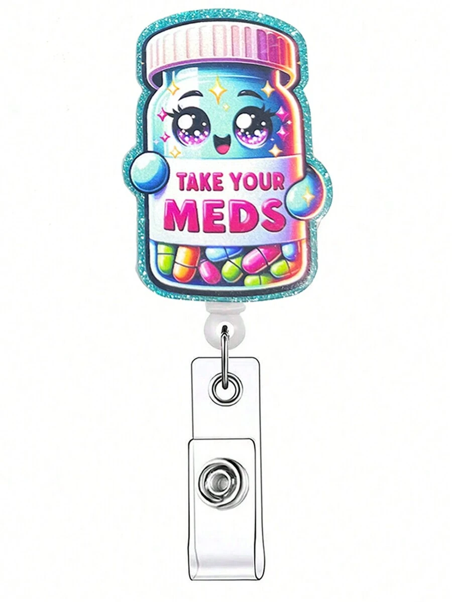 1 cuộn huy hiệu có thể thu vào Take Your Meds, giá đỡ huy hiệu tên Acrylic vui nhộn có kẹp ID cho sinh viên y tá bác sĩ - Màu vàng - Xem 1