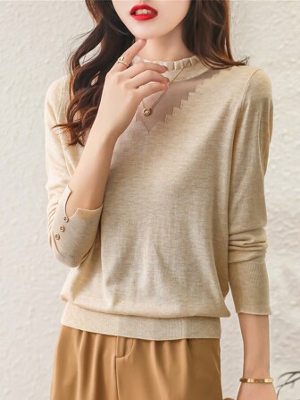 Women Solid Color Lace Knit Sweater