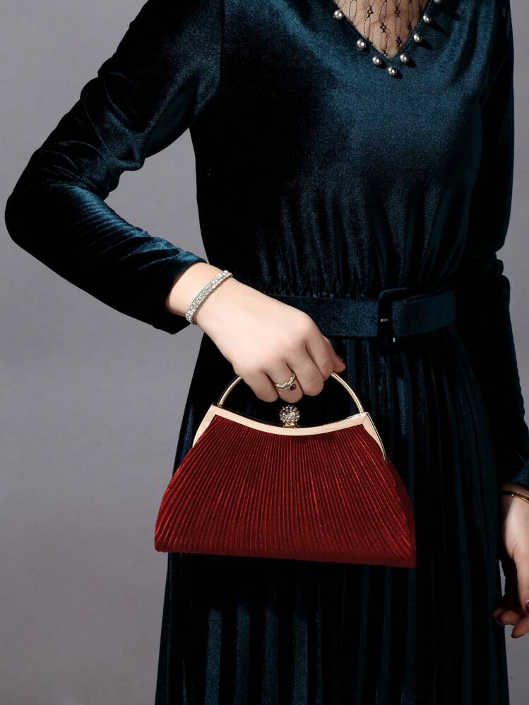 REMANLAND Sparkling, Radiant, Elegant And Exquisite Single-Piece Crystal Decorated Fashion Metal Clutch, Suitable For Ladies' Party, Wedding, Gala, And Banquet Occasions. This Gala Clutch Can Be Paired With Holiday Party Dresses, Evening Gowns, And Sequin Dresses, Perfectly Matching New Year Outfits, And Also Complementing Ladies' Party Dresses. This Fashionable Party Bag Is Ideal For Parties, Weddings, Balls, Galas/Banquets. - Burgundy - View 2