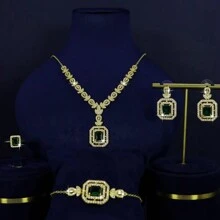 5pcs 18K Gold Plated Luxury Royal Style Square Tassel Design Bridal Wedding Jewelry Set, Including Necklace, Bracelet, Earrings, Ring, Handcrafted With White & Green Cubic Zirconia, Suitable For Daily Wear And Wedding Ceremony, Wedding Anniversary Gift - Luxury Bridal Set - View 18