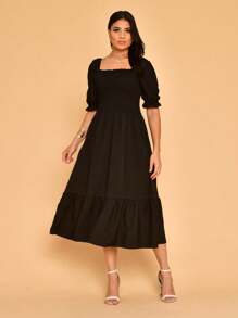Lastex Plain Midi Dress With Short Sleeves - Black - View 1