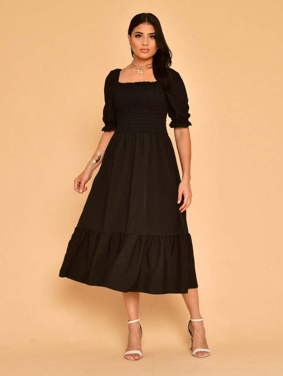 Lastex Plain Midi Dress With Short Sleeves - Black - View 1