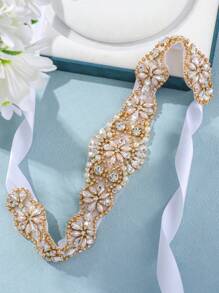 1pc Women's Bridal Rhinestone Embellished Waist Belt, Matching Crystal Diamond Gown And Wedding Dress - Gold - View 9