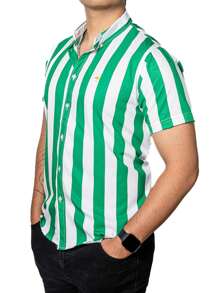 Camisa Hombre Casual Manga Corta Rayas Verdes, Blancas - Verde - Ver 5