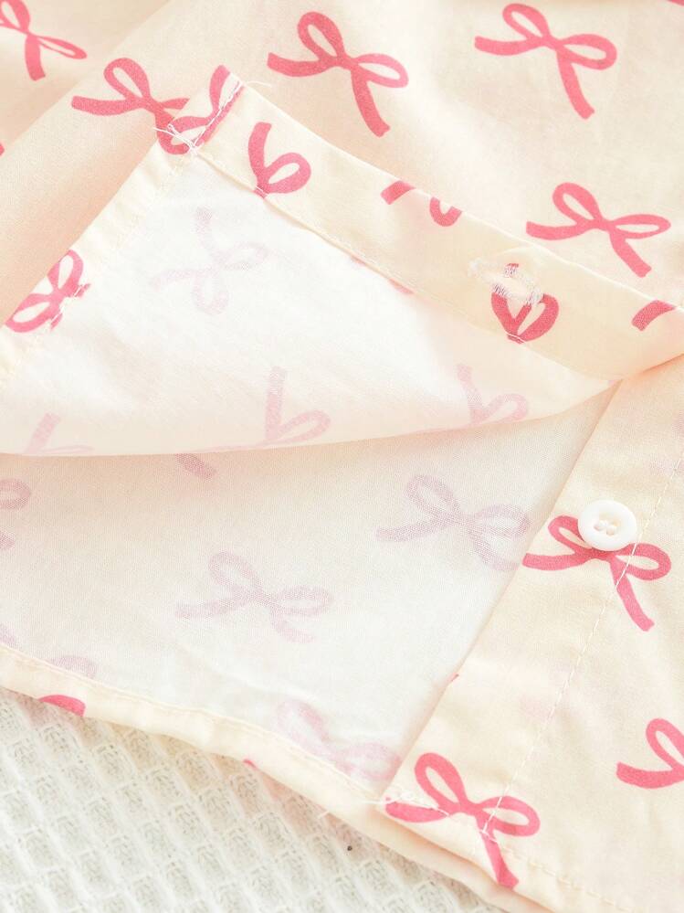 Young Girl's 2pcs/Set Bowknot Printed Peter Pan Collar Long Sleeved Top + Skirt Suit - Beige - View 5