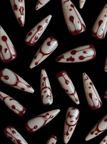 24 件创意新奇街头简约个性化背景 3D 红血涂鸦插图长细高跟假指甲套装，可立即提升您的外观，适合参加万圣节 - 紅白色 - 查看 8