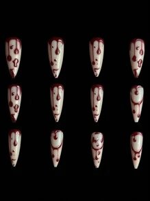 24 件创意新奇街头简约个性化背景 3D 红血涂鸦插图长细高跟假指甲套装，可立即提升您的外观，适合参加万圣节 - 紅白色 - 查看 5