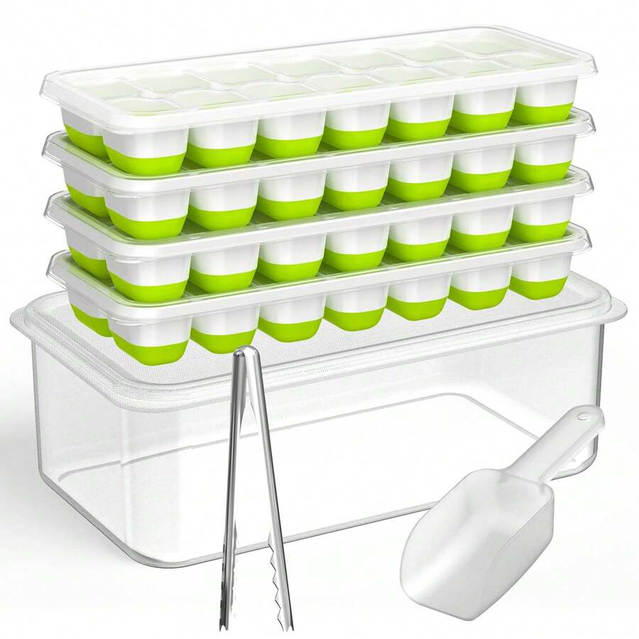 Lechay Ice Cube Tray With Lid And Bin, 4 Pack Silicone Plastic Ice Cube Trays For Freezer With Ice Box, Ice Trays With Ice Container, Stackable Ice Tray With Storage Ice Bucket Kits,Ice Tong,Ice Scoop, Summer Ice Bin & Tray, Kitchen Accessories - Green - View 1