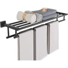 Towel Rack,Large Towel Holder Towel Shelf With Double Towel Bars For Bathroom Lavatory,SUS 304 Stainless Steel Wall Mount Towel Hanger,Matte Black,32 Inch