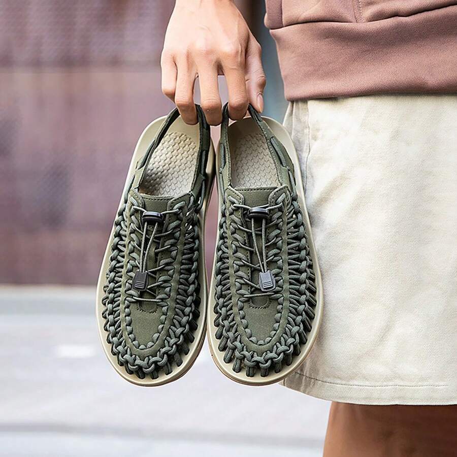 新款男女通用編織涼鞋,男士休閒沙灘涼鞋,羅馬涼鞋,河溯戶外鞋 - 綠色 - 查看 1