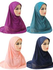 Net Fabric Summer Light Cool Muslim Hijab With Beads Soft Islamic Scarf Hats Turban Caps - Multicolor - View 8