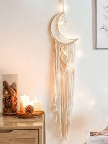 1 PC Dream Catcher Wall Hanging Star Moon Boho Macrame Decor With Tassels, Handmade Bohemian Bedroom Living Room Home Art, Gift For Christmas Birthday Present - Beige - View 5