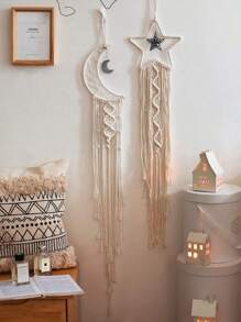 1 PC Dream Catcher Wall Hanging Star Moon Boho Macrame Decor With Tassels, Handmade Bohemian Bedroom Living Room Home Art, Gift For Christmas Birthday Present - Beige - View 2