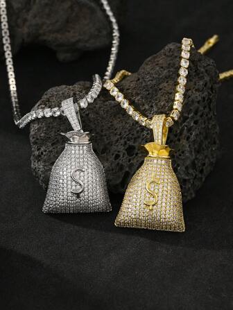 1pc Hip Hop Iced Out Men's Gift Accessories Punk Style Personalized Money Bag Plated Platinum Plated Diamond Pendant Necklace High Quality Luxury Gorgeous Cubic Zirconia 4mm 20inch Tennis Necklace Rock Style Couple Jewelry With Gift Box