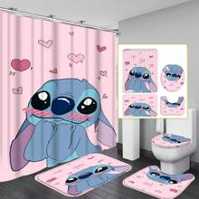 1/4 件缝制卡通图案浴帘套装，防水浴帘，带 12 个挂钩，防滑浴室垫，U 型马桶垫，马桶垫，浴室装饰配件 - 彩色 - 查看 4