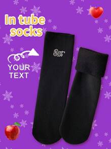 1 Pair Custom Personalized Face Design Thermal Lined Funny Crew Socks, Anti-Slip Grip Bottom Warm Socks With Customized Text Embroidery, - Black - View 2