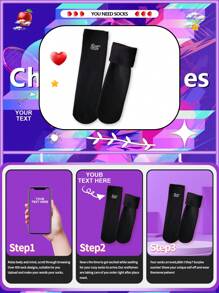 1 Pair Custom Personalized Face Design Thermal Lined Funny Crew Socks, Anti-Slip Grip Bottom Warm Socks With Customized Text Embroidery, - Black - View 3