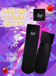 1 Pair Custom Personalized Face Design Thermal Lined Funny Crew Socks, Anti-Slip Grip Bottom Warm Socks With Customized Text Embroidery, - Black - View 1