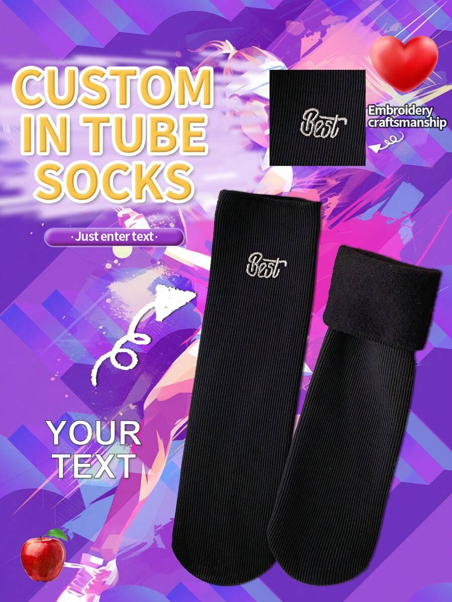 1 Pair Custom Personalized Face Design Thermal Lined Funny Crew Socks, Anti-Slip Grip Bottom Warm Socks With Customized Text Embroidery, - Black - View 1