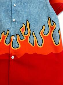 4-Way Stretch 3D Printed Shirt, Blue & Red Flame Design, Casual For Men - 彩色 - 查看 4