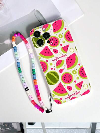 1pc White TPU Watermelon Pattern Shockproof Phone Case & 1pc Colorful Beaded Phone Lanyard Strap, Compatible With IPhone/Android/Compatible With OPPO/ Phones, Compatible With Galaxy A51 4G, A52, A52s 5G, S23 Ultra, A13 4G, A12, S22 Ultra, Compatible With OPPO A54, A54, Compatible With IPhone 14 Pro Max, A04E, A05S, A34, S25 Ultra 5G, Compatible With Redmi Note 14, A14, A32 4G Waterproof Anti-Fall Scratch Resistant