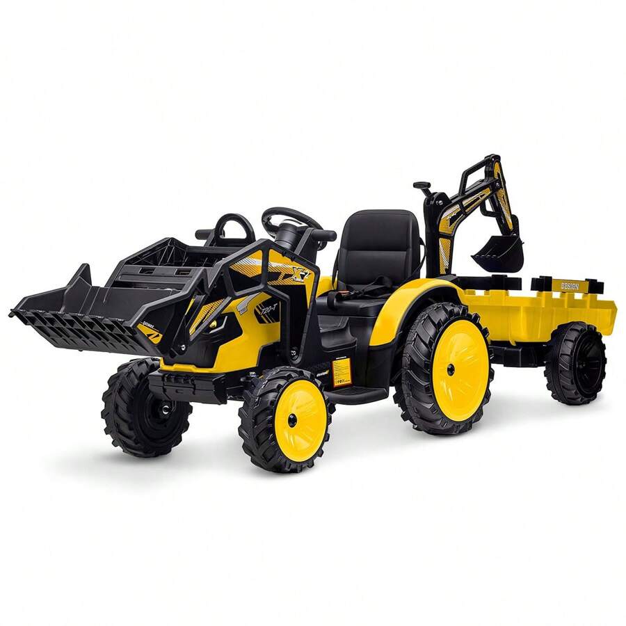 3 In 1 Ride On Tractor,Excavator & Bulldozer,24V Electric Vehicle W/Trailer,Shovel Bucket,Digger,Remote Control,EVA Tires,LED Lights,Music,USB & Bt,Kids Ride On Car - 黃色 - 查看 1