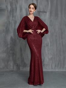 Robe longue à manches longues fendue avec ourlet de sirène pailletée pour femmes, robe de mère de la mariée élégante