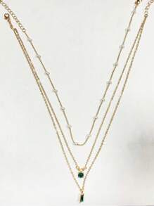 2pcs Creative Retro-Style Handmade Imitation Grandmother Green Pearl Necklace, Multiple Layers For Women, Random Number Of Pearls, Collarbone Chain - Yellow Gold - View 3