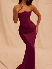 Váy Maxi xếp ly bằng vải satin thanh lịch cho nữ, Đầm dạ hội bán trang trọng, Dự tiệc sinh nhật, Khách dự tiệc cưới, Tốt nghiệp, Tiệc tối, Dạ hội - Màu Đỏ Sâu - Xem 3