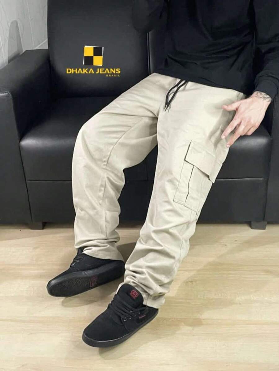Men's Premium Cargo Jeans With Pockets And Elastic Waist With Drawstring - 米色 - 查看 1