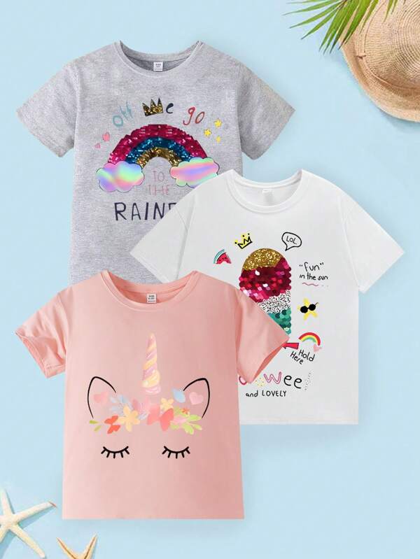 Young Girl 3pcs/Set Cute Printed T-Shirt, Round Neck Pullover Top For Spring/Summer 2024