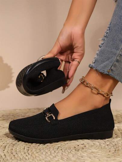 女士圆头带扣工作鞋，透气休闲纯色乐福鞋，平底轻便舒适便鞋，适合春秋季