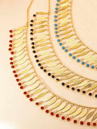 1pc Simple And Personalized Gold Fringe Necklace With Colorful Stones Suitable For Women's Daily Holiday Wear
