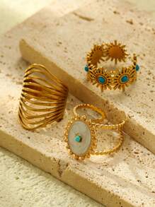 3pcs Stainless Steel Golden Yellow, White Oil Drop Ring, Blue Oil Drop Ring Set, Suitable For Daily Wear Or Gift Giving - Yellow Gold - View 2