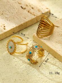 3pcs Stainless Steel Golden Yellow, White Oil Drop Ring, Blue Oil Drop Ring Set, Suitable For Daily Wear Or Gift Giving - Yellow Gold - View 3