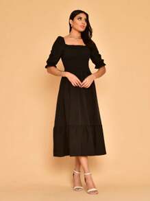 Lastex Plain Midi Dress With Short Sleeves - Black - View 4