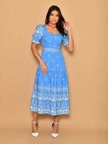 Helena Crepe Printed Midi Dress With Short Sleeves - Baby Blue - View 4
