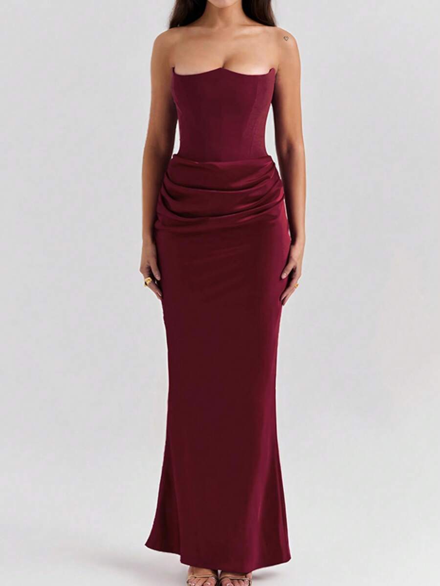 Váy Maxi xếp ly bằng vải satin thanh lịch cho nữ, Đầm dạ hội bán trang trọng, Dự tiệc sinh nhật, Khách dự tiệc cưới, Tốt nghiệp, Tiệc tối, Dạ hội - Màu Đỏ Sâu - Xem 1