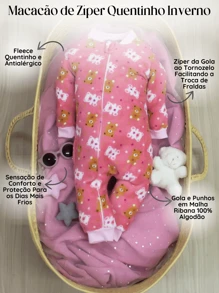Cartoon Graphic Winter Baby Jumpsuit Fleece Boy Girl Blanket Covered Jumpsuit Baby Zipper Easy Dress Ideal For Cold Days Warm Plush With 100% Cotton Ribbed Knit Collar And Cuffs - 玫紅色 - 查看 3