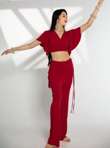 女士肚皮舞服装套装短袖上衣 + 开衩结裙 2 件套东方肚皮舞专业服装 - 酒紅色 - 查看 1