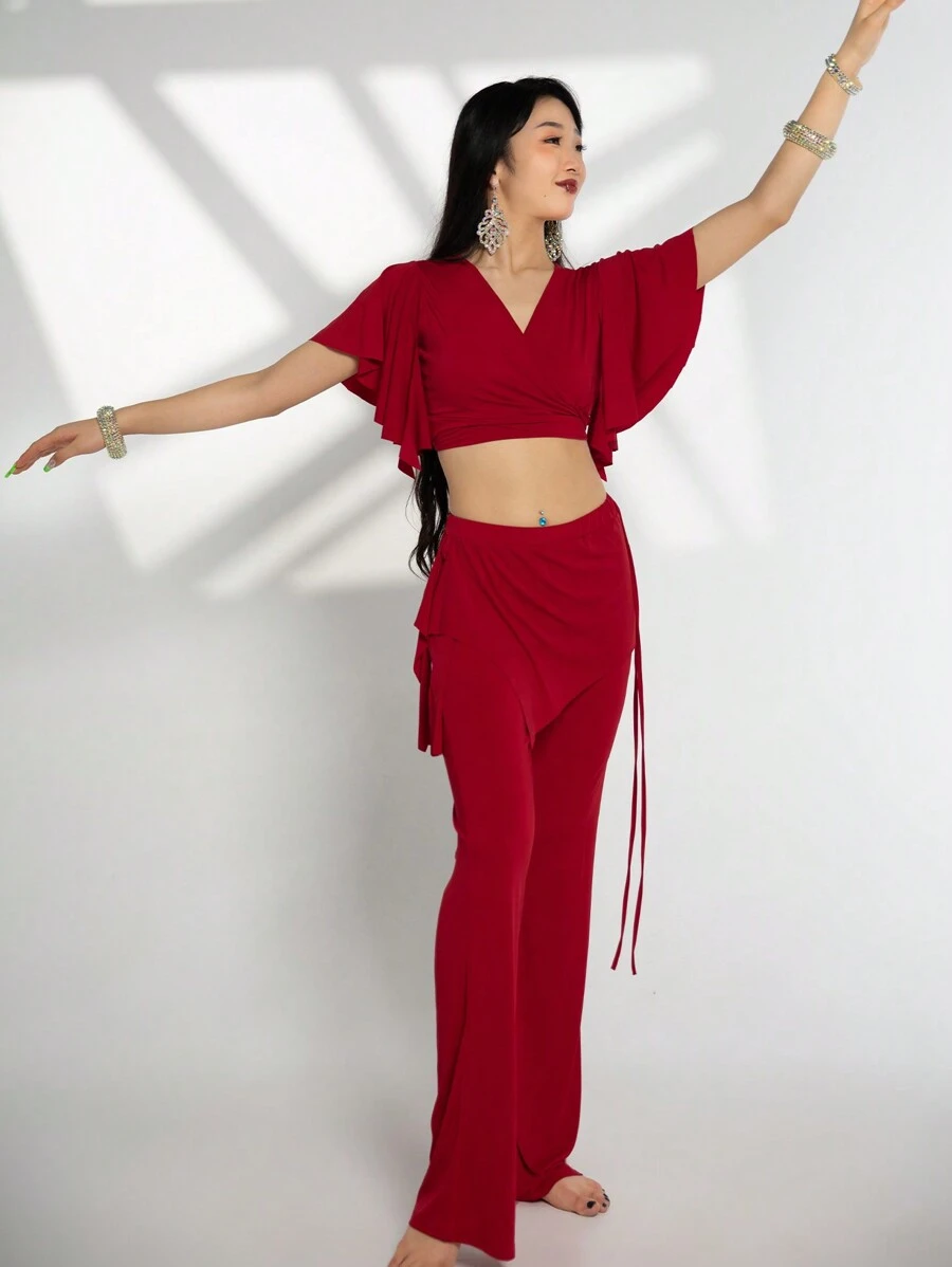 女士肚皮舞服装套装短袖上衣 + 开衩结裙 2 件套东方肚皮舞专业服装 - 酒紅色 - 查看 1